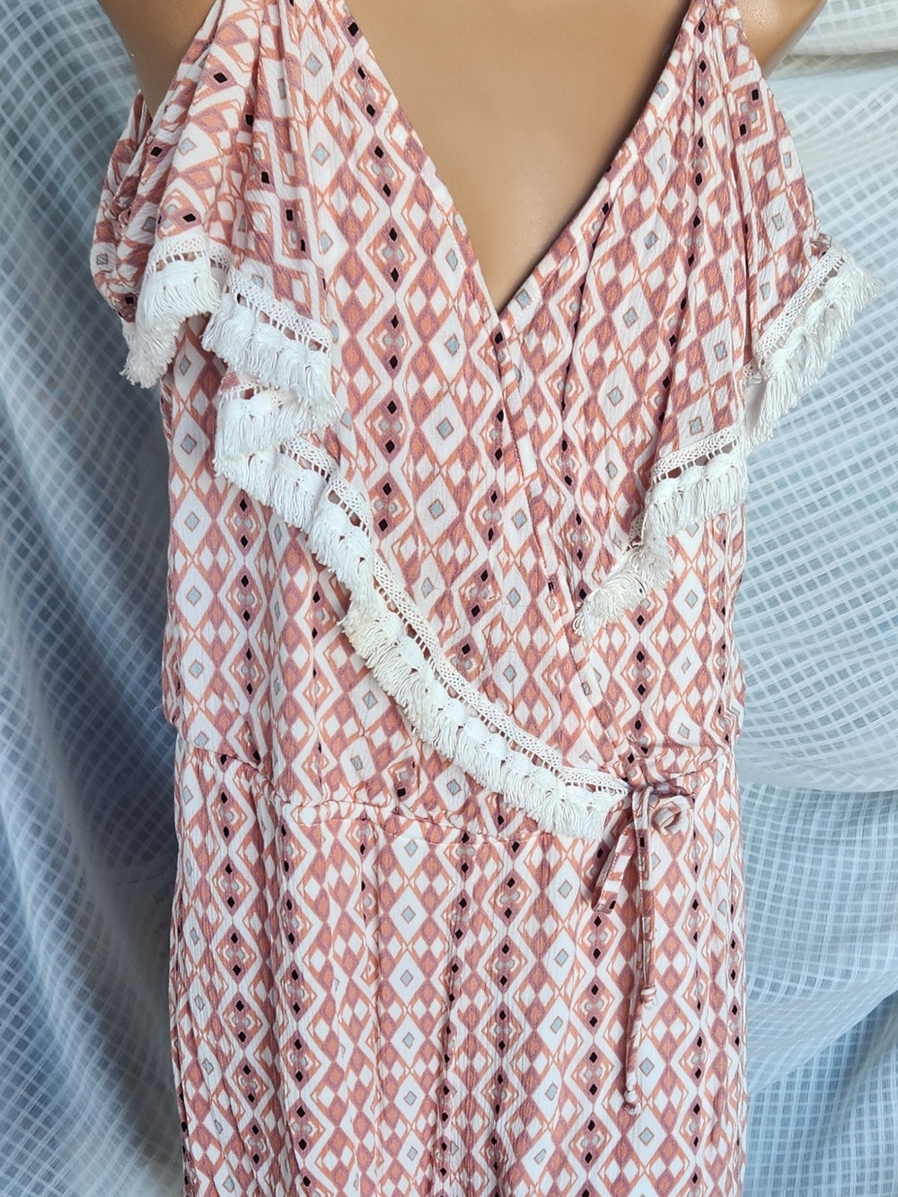 Takara Pink and White Geometric Fringe-Trim Jumpsuit